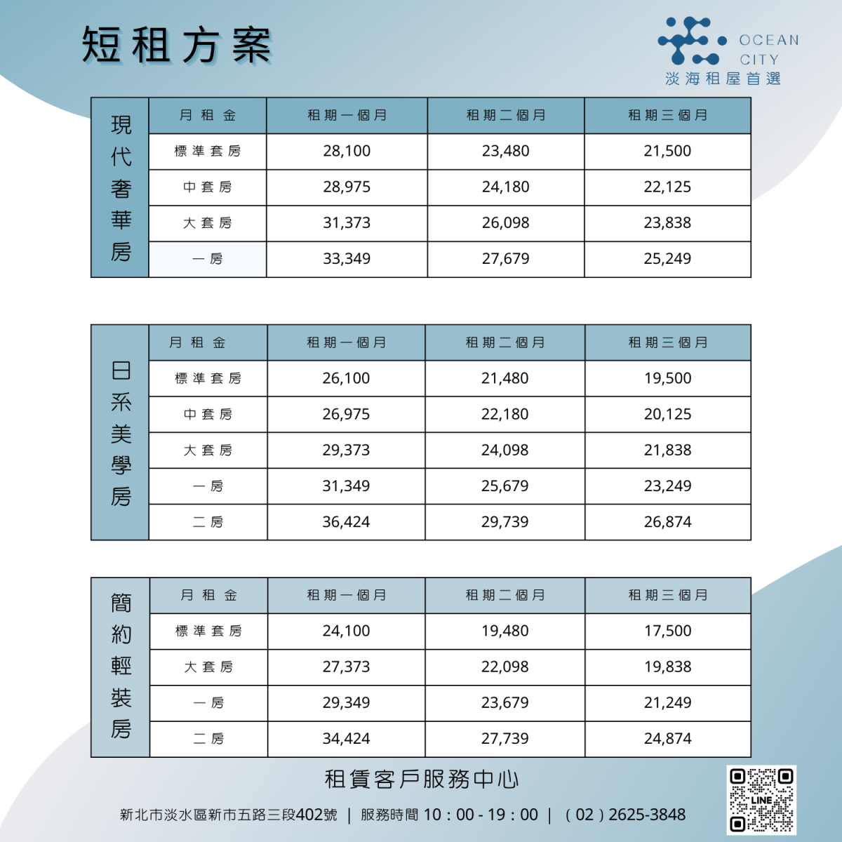 短租方案價目表